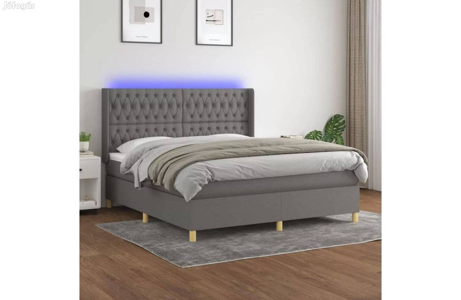 Sötétszürke szövet rugós és LED-es ágy matraccal 180 x 200 cm