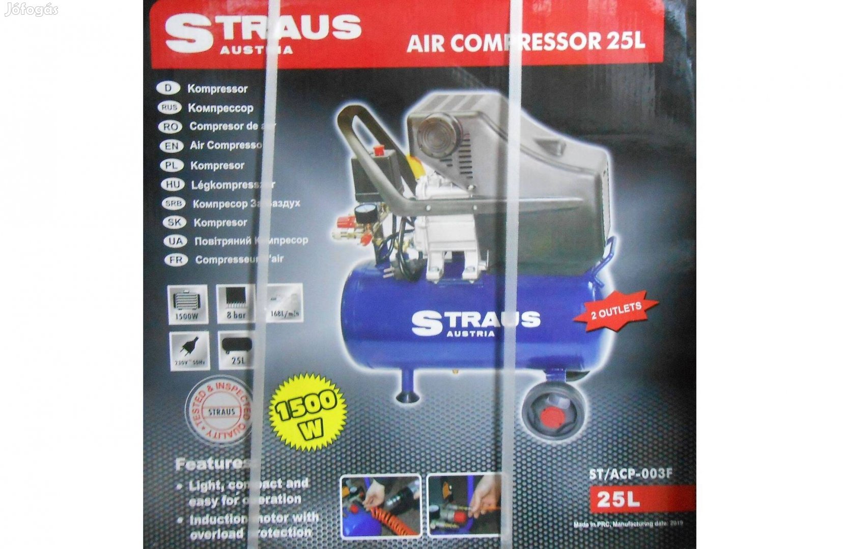 Straus légkompresszor olajos 25L 8bar 1500W 168L/perc
