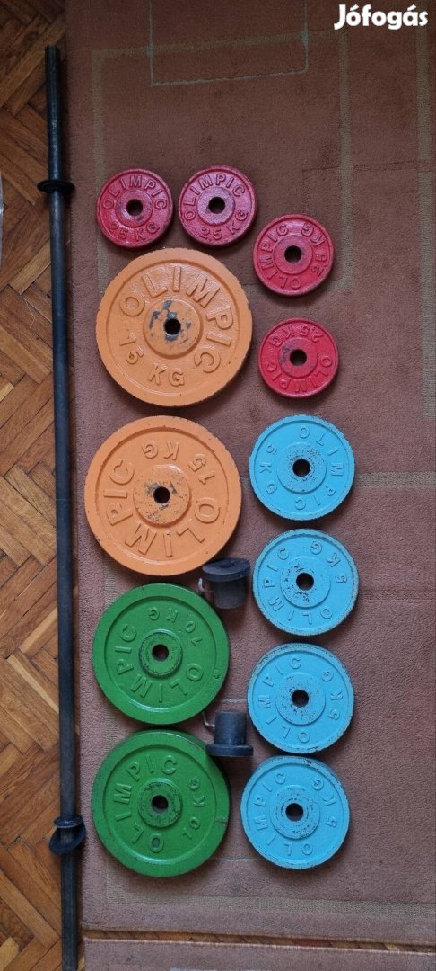 Súlyzó set: sum 80 kg, öntöttvas, Bp-en + kétkezes rúd + állványpár