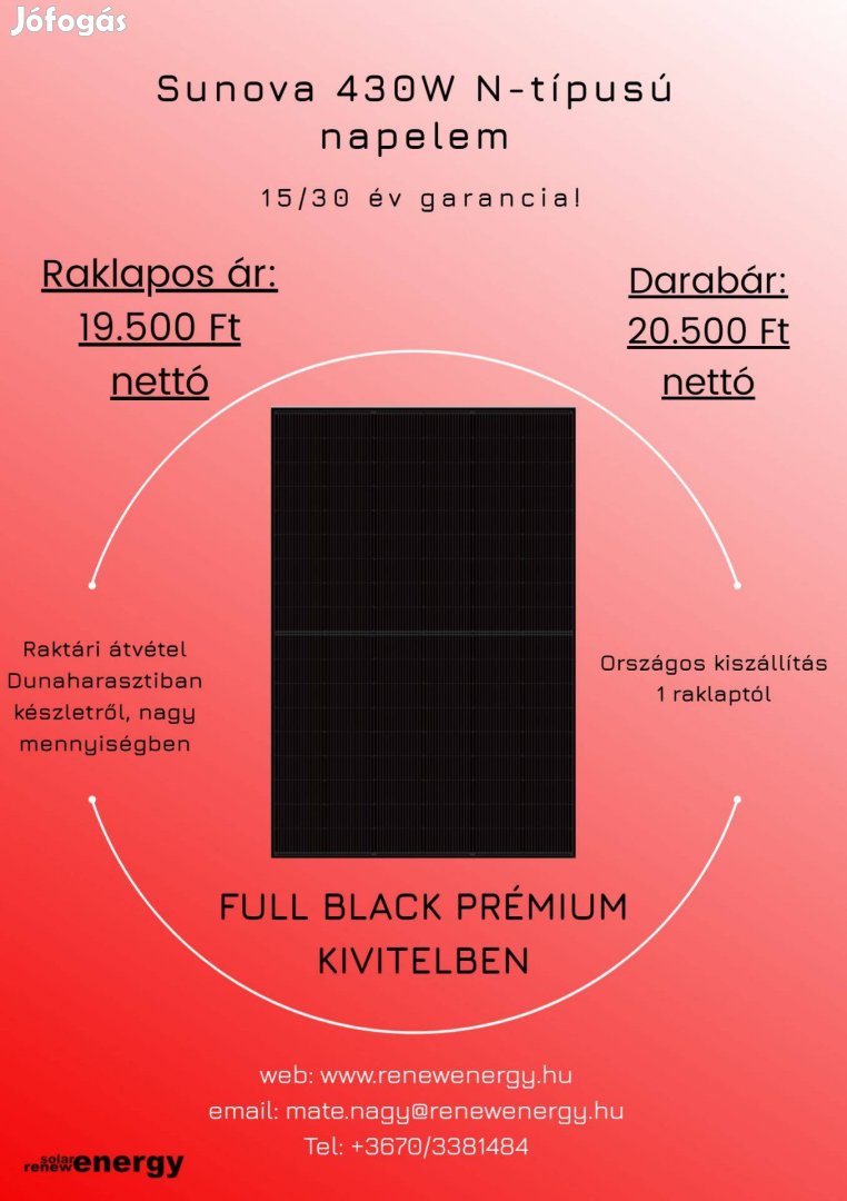 Sunova 430W N-típusú full black napelemek készletről