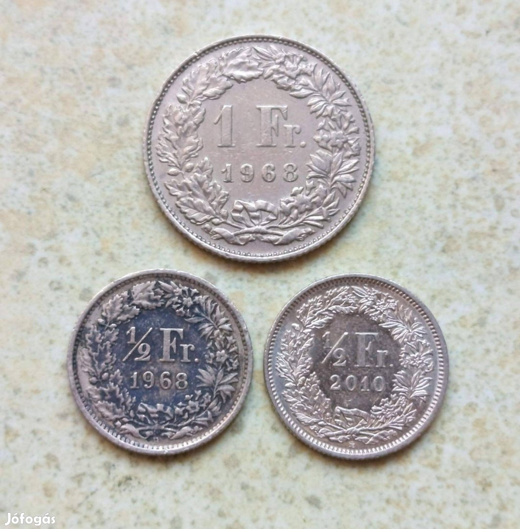 Svájc 3 db Különböző Érme 12 1 Frank Francs 1968-2010
