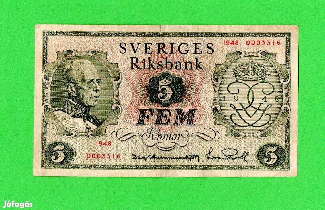 Svédország 5 korona, 1948 EF Bankjegy Eladó!
