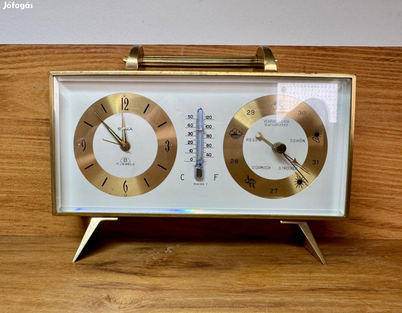 Swiza Svájci 8 napos mechanikus asztali óra barométerrel