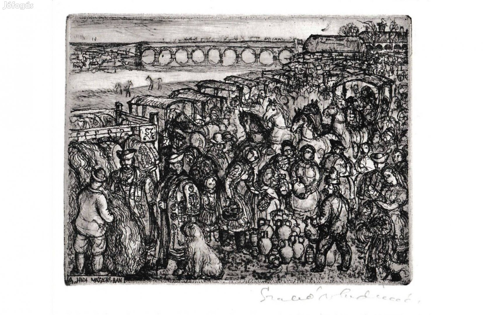 Szabó Vladimir A hidi vásárban rézkarc, 13,5 x 11 cm.