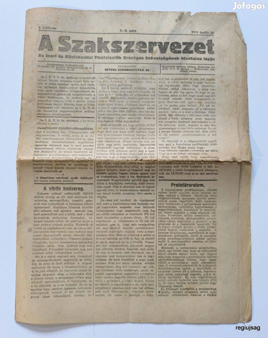 Szakszervezet / / Újság - Magyar / 1919 április 23