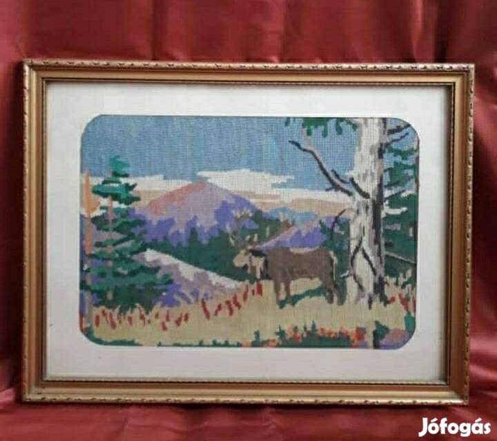 Szarvasos gobelin kép üvegezett keretben, paszpartúrával. Mérete: 61x4
