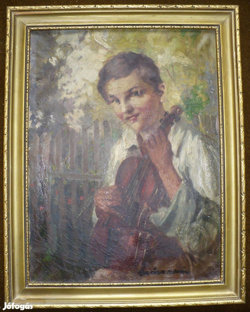 Szász István: Hegedűs fiú (festmény, 30 X 40 cm)