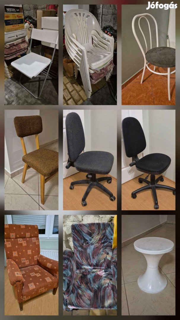 Székek, fotelek különböző méretben, anyagból, színben
