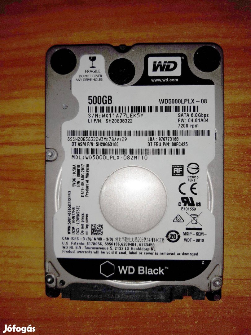 Szektorhibás WD Black 2.5" 500GB WD5000Lplx HDD merevlemez