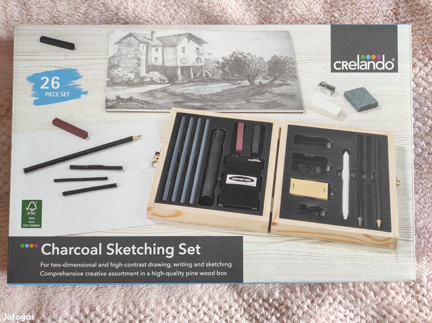Crelando Charcoal Art Set Drawing Sketching Wooden box 26 Piece Set