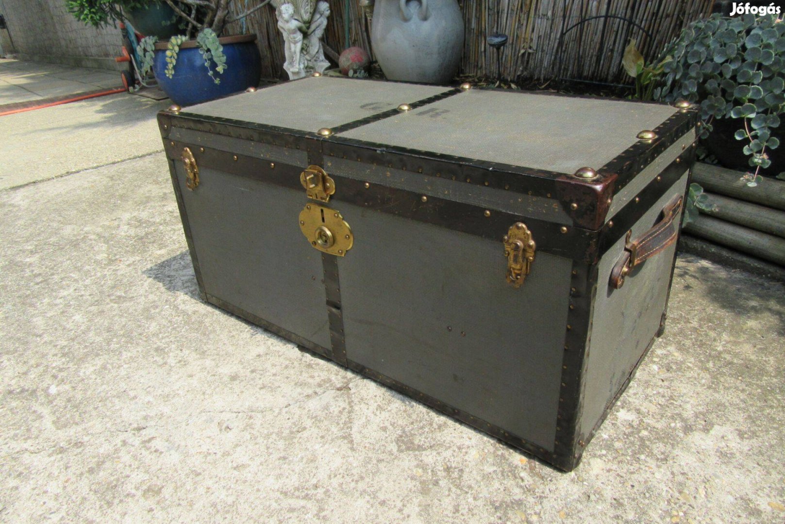 Szép régi szürke utazó bőrönd - hajó koffer - 38 cm magas