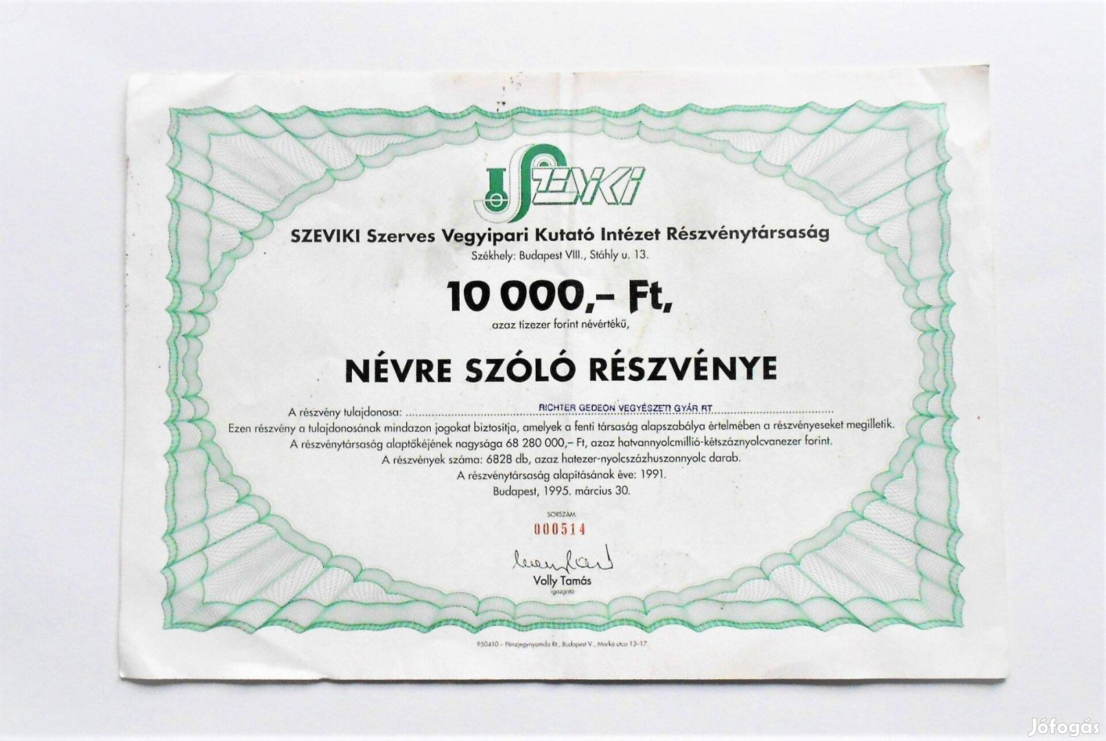Szeviki Szerves Vegyipari Kutató Intézet RT. részvény 1995