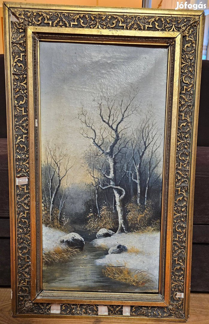 Szignózott festmény, Téli tájkép, 65 x 35 cm, olaj, vászon