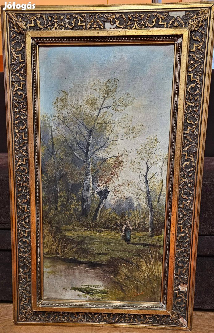 Szignózott festmény, Vízhordó asszony, 65 x 35 cm, olaj, vászon