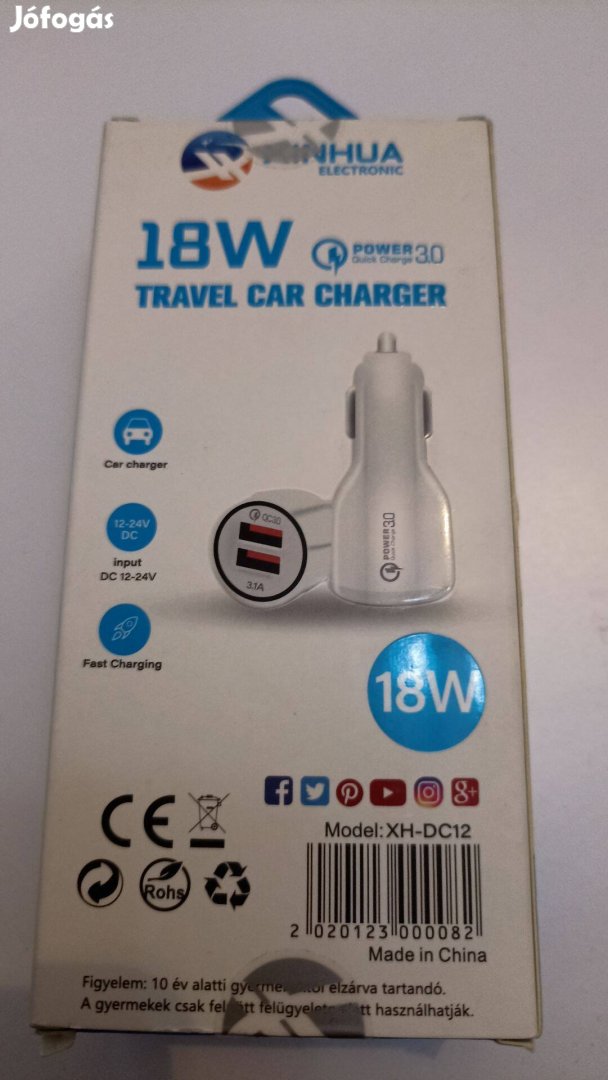 Szivargyujtó USB töltő 18W