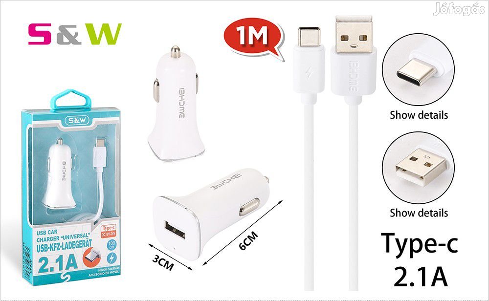 Szivargyújtó töltő adapter 1db USB csatlakozóval + 1m-es 2.1A USB - T