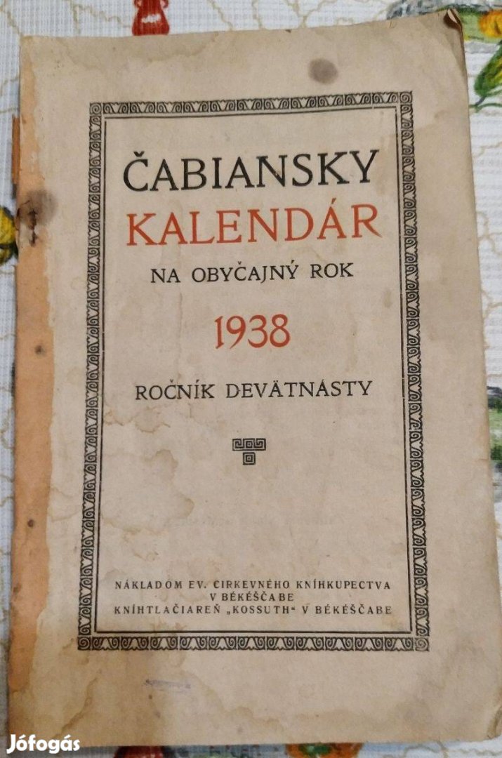 Szlovák nyelvű kalendárium 1938-ból