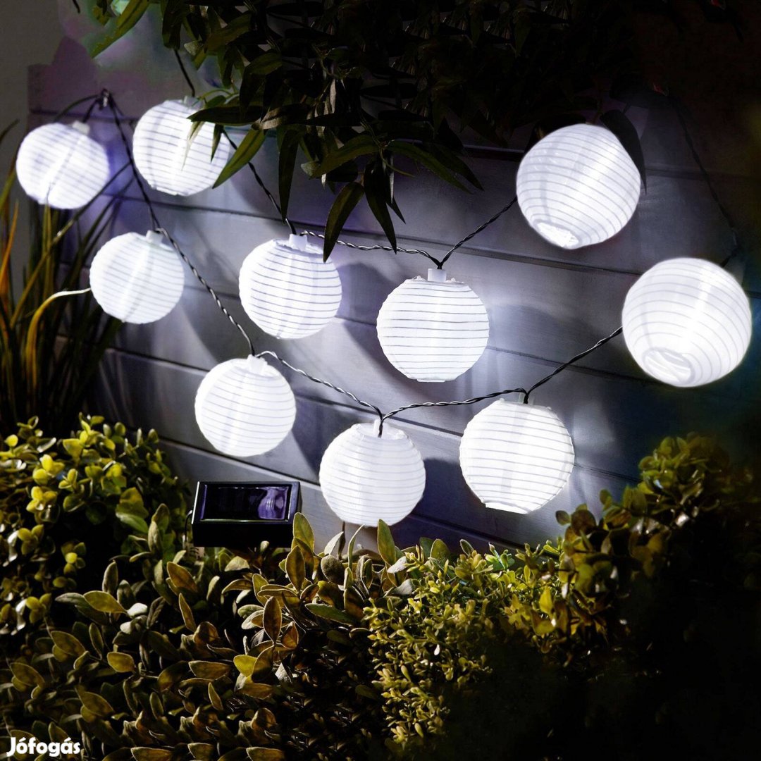 Szolár lampion Fényfüzér - 10 db fehér lampion, hidegfehér LED - 3,7 m