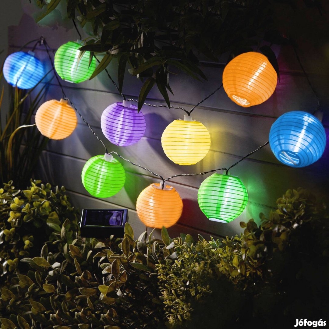 Szolár lampion fényfüzér - 10 db színes lampion, hidegfehér LED - 3,7m
