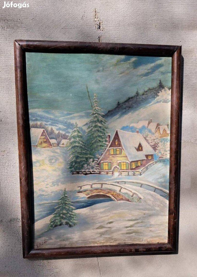 Sztelek Norbert Téli hegyi falu hangulatos naiv olajfestmény