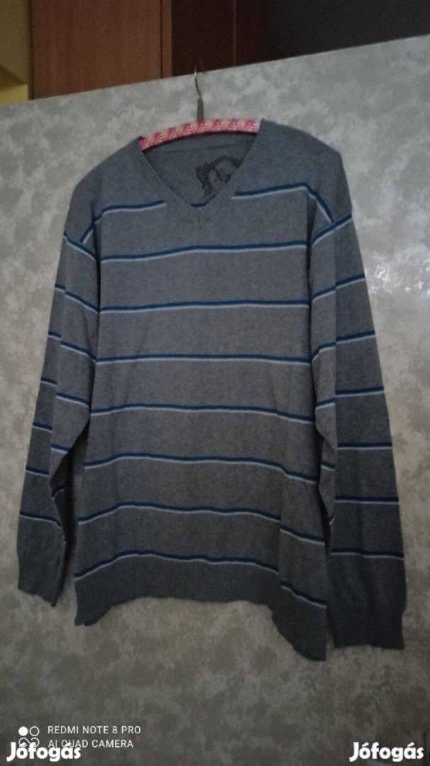 Szürke csíkos férfi kötött pamut pulóver XL-es