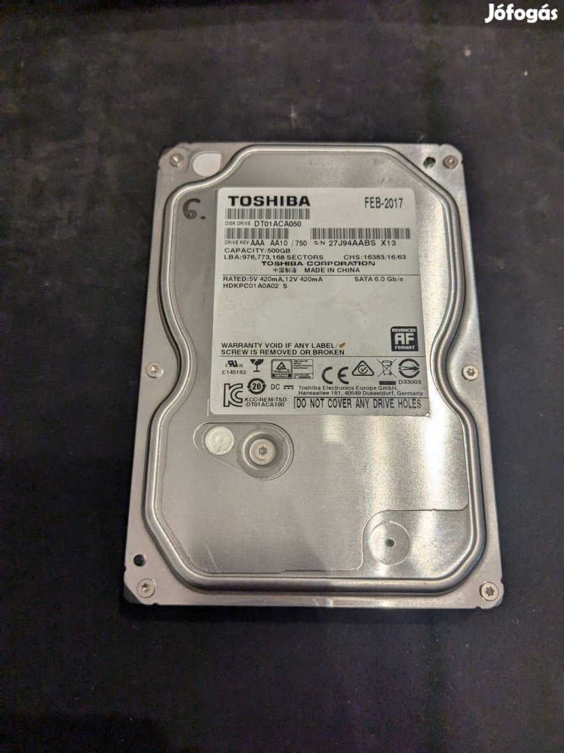 TOSHIBA DT01ACA050 HDD merevlemez SATA 100/100 250 GB 3,5"