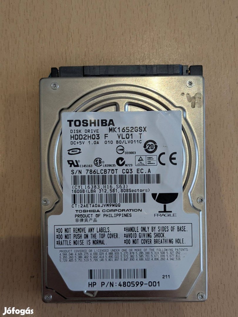 TOSHIBA MK1652Gsx HDD merevlemez SATA 100/100 160 GB 2,5"