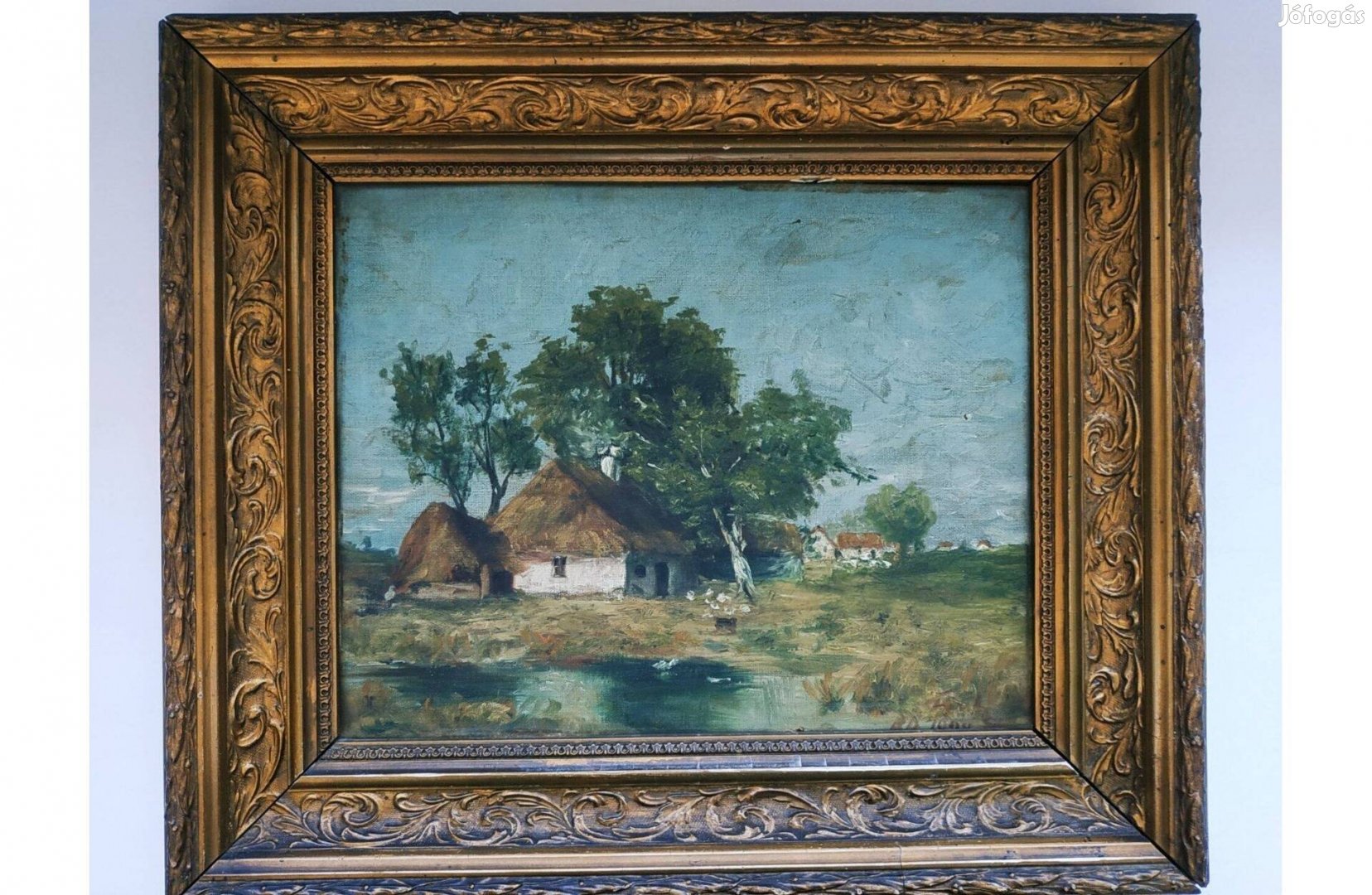 Tájkép, tanya - olajfestmény, antik, aranyozott keretben kb 42x34cm