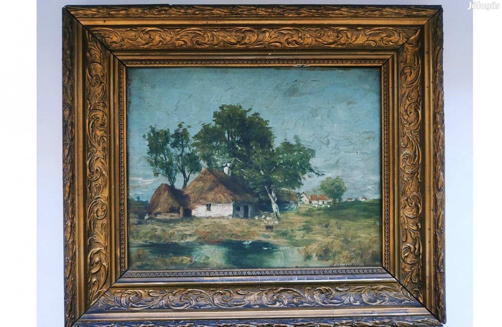 Tájkép, tanya - olajfestmény, antik, aranyozott keretben kb 42x34cm