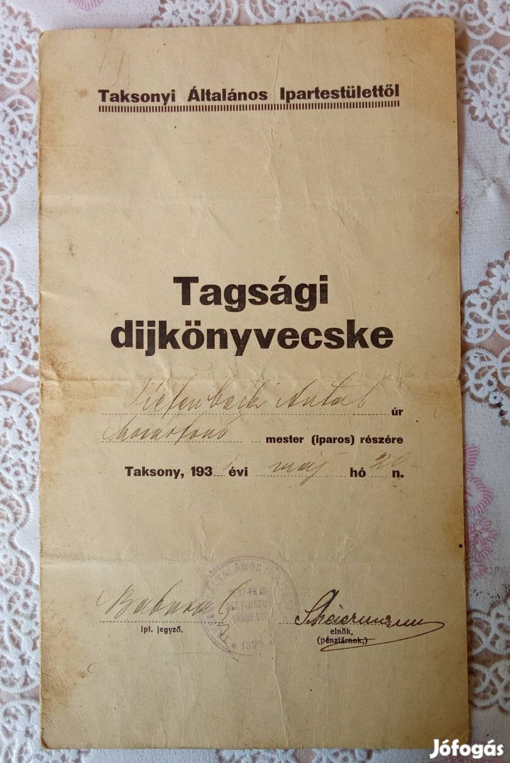 Taksonyi Általános Ipartestület Tagsági Díjkönyvecske 1931