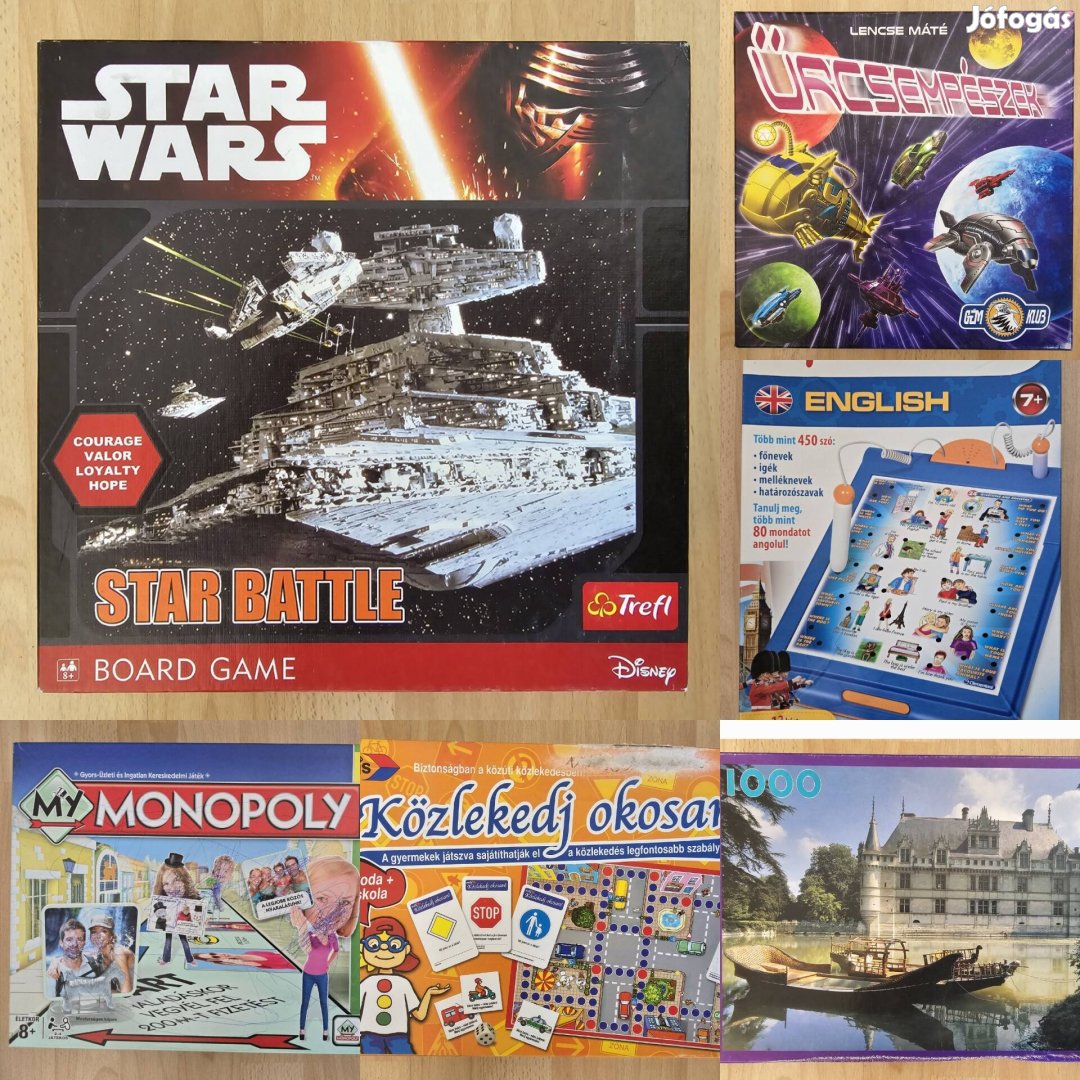 Társasjátékok (Star Wars, Monopoly, kirakós, angol, Közlekedj okosan)