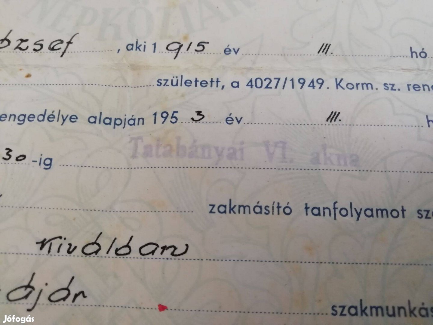 Tatabányai bányász bizonyítvány 1953-as / Palatin /