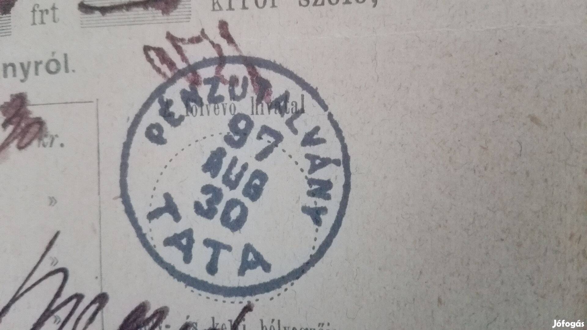 Tatai 1897-es Pénzutalvány Ritka Postatörténeti db