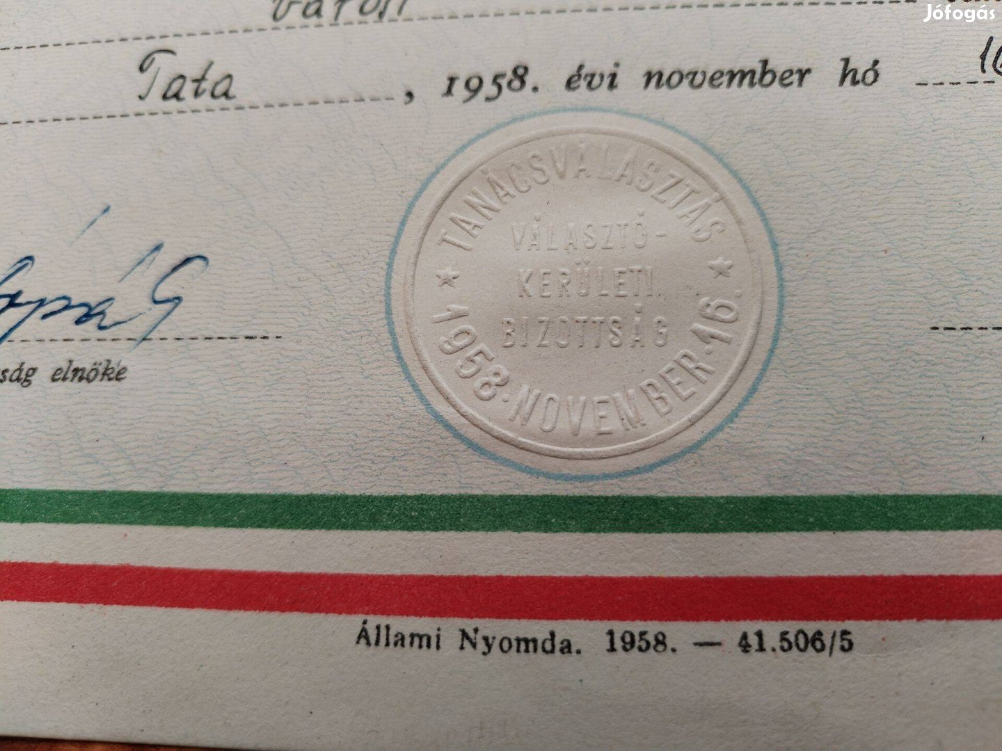 Tatai 1958-as választókerületi Bizotsági Megbízólevél