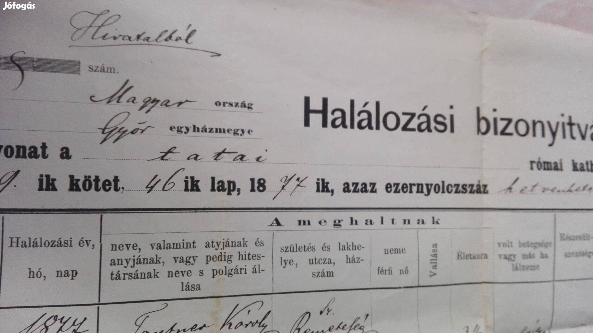 Tatai Római Katolikus Plébánia 1877-es Halotti bizonyítványa