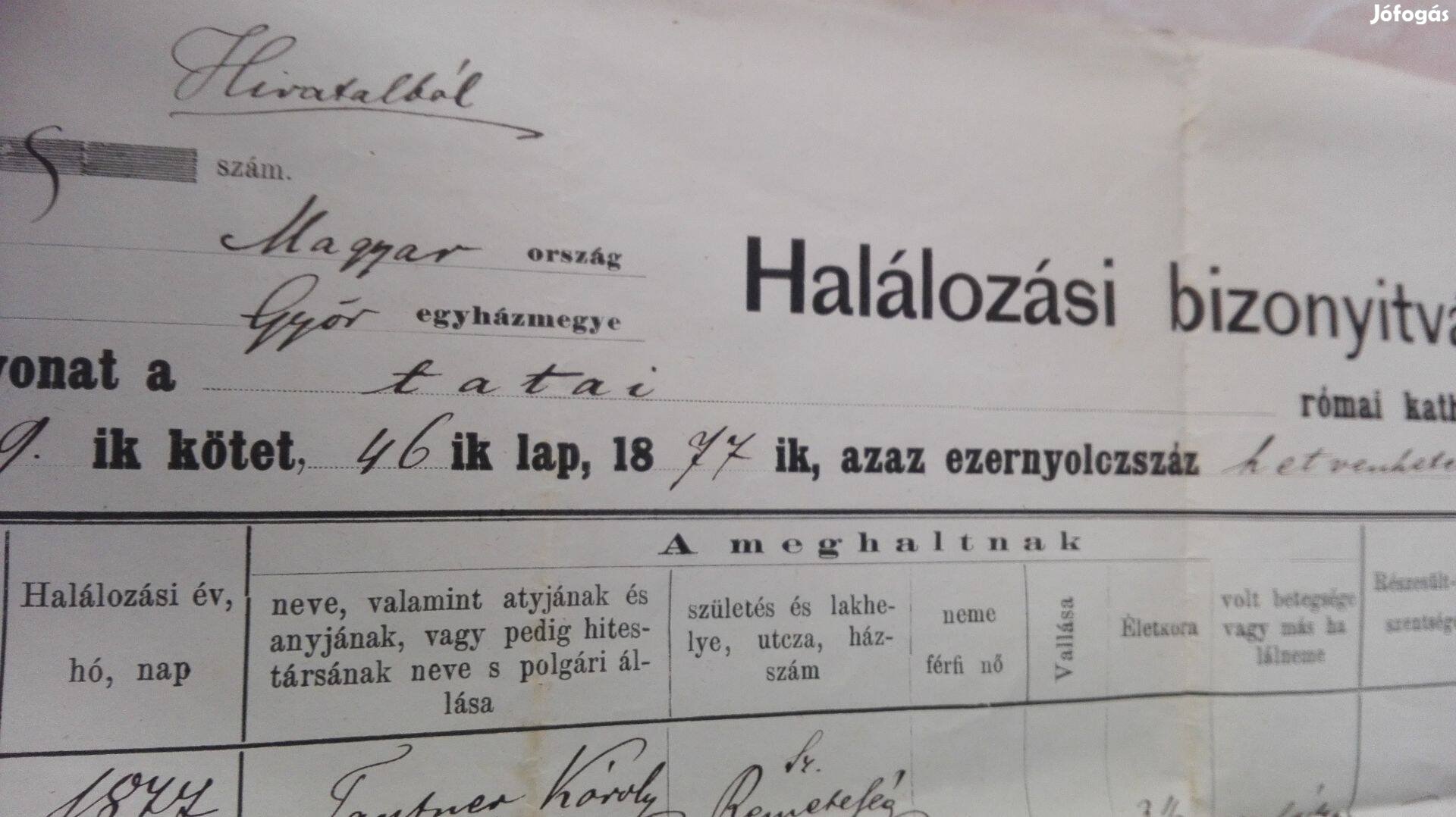 Tatai Római Katolikus Plébánia Halotti bizonyítványa 1877-es