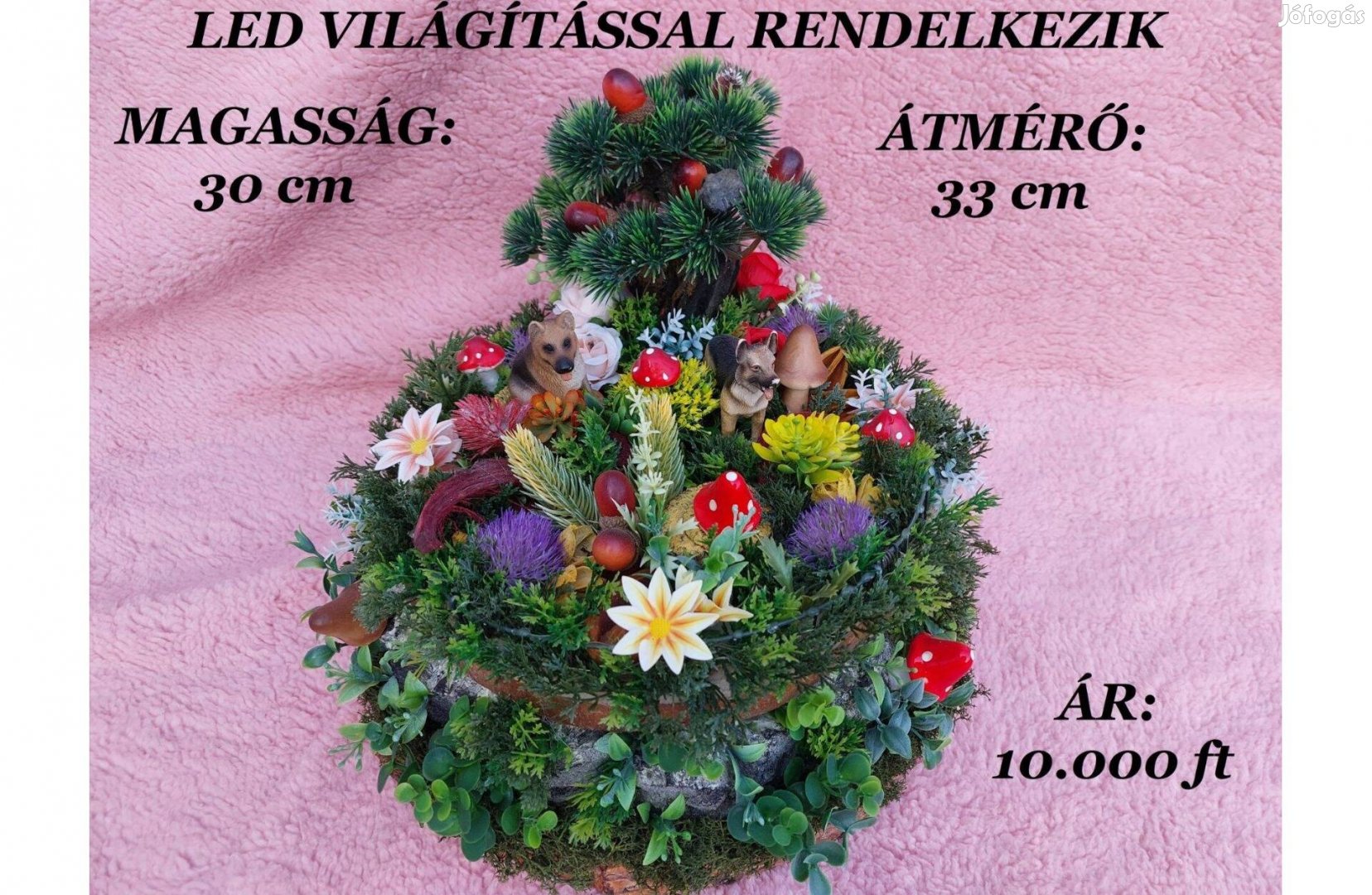 Tavaszi kutyás-gombás asztaldísz. Led világítással