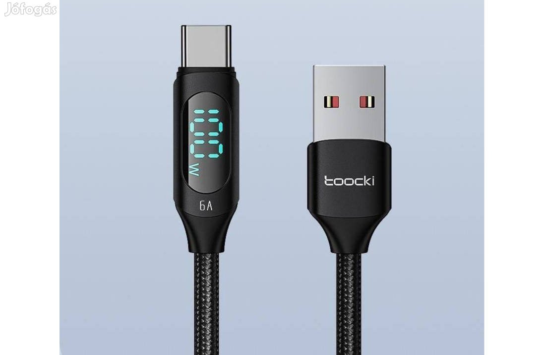Telefon töltőkábel 1m USB-A/USB-C, kijelzős, gyorstöltő fekete
