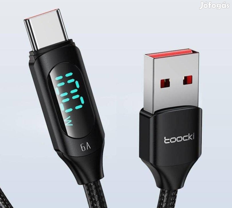 Telefon töltőkábel 2m USB-A/USB-C, kijelzős, gyorstöltő fekete