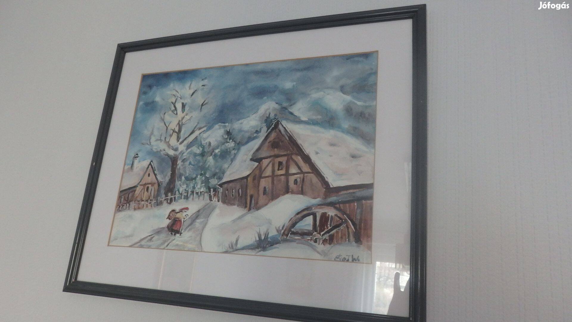 Téli kép, festmény 39*28 (52 *42) fa keretben