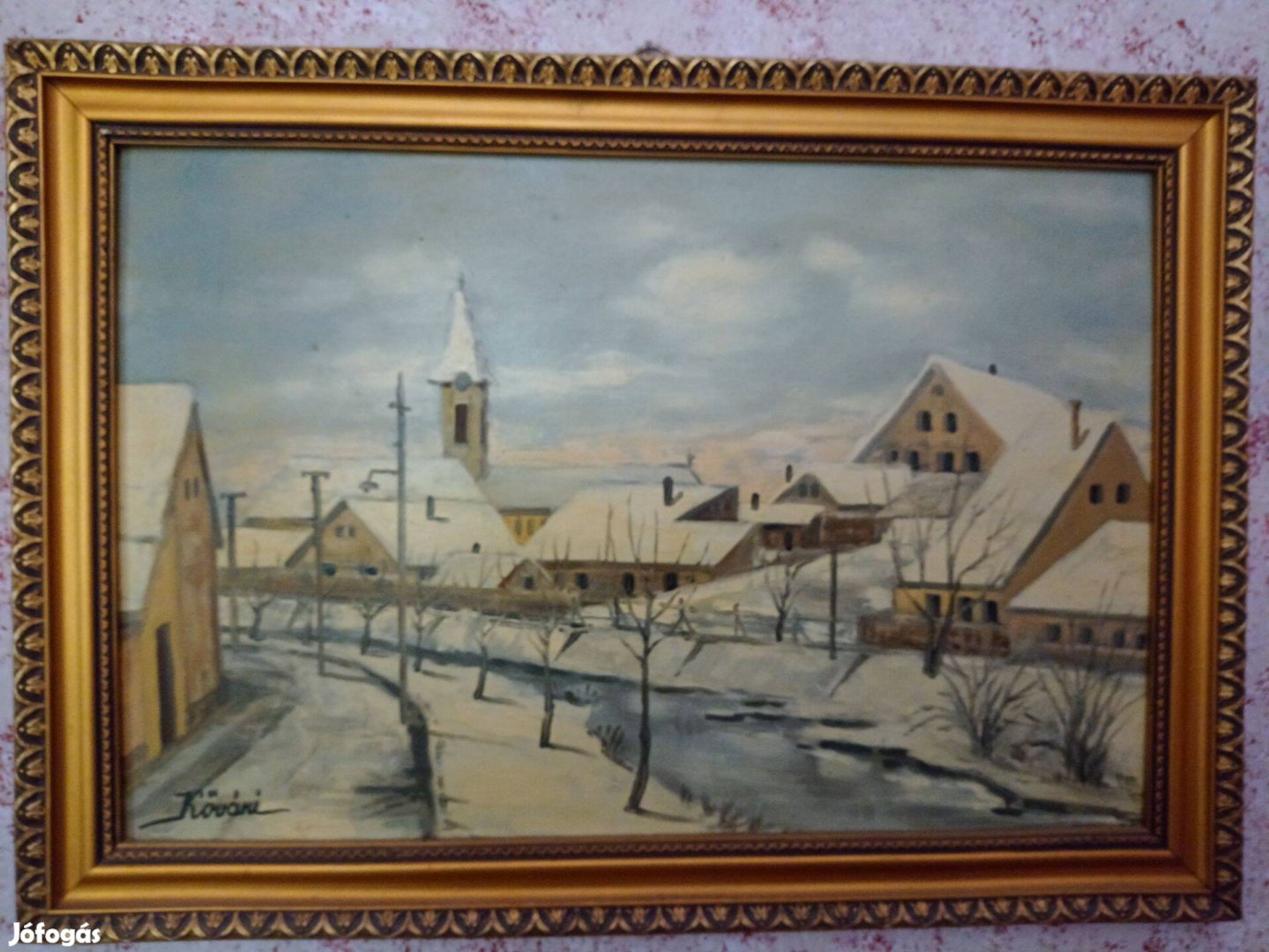 Téli kisváros témájú festmény, vadonatúj kerettel