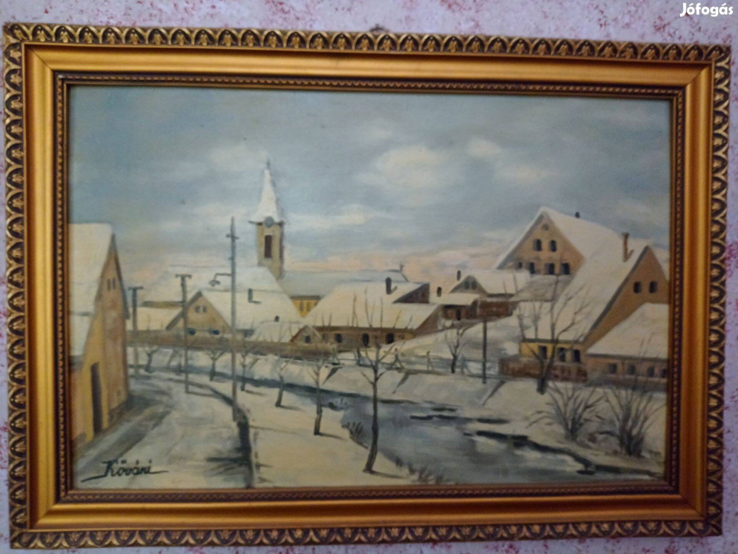 Téli kisváros témájú szignózot festmény
