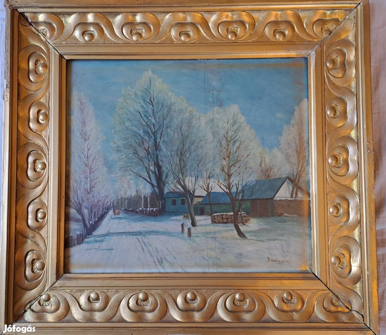 Téli tájkép 1960-ból, 40x35 cm, kerettel, szignózott