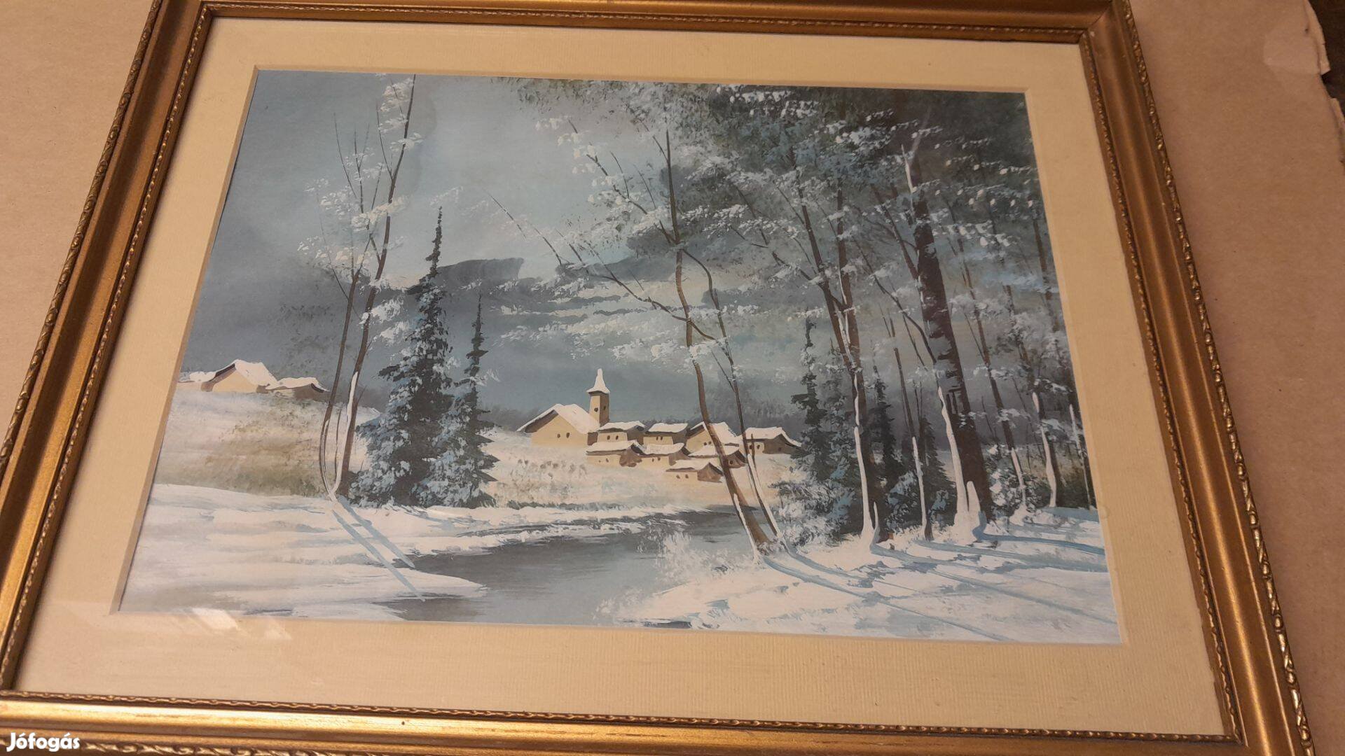 Téli tájkép, üvegezett, aranyozott keretben, 30 x 38 cm