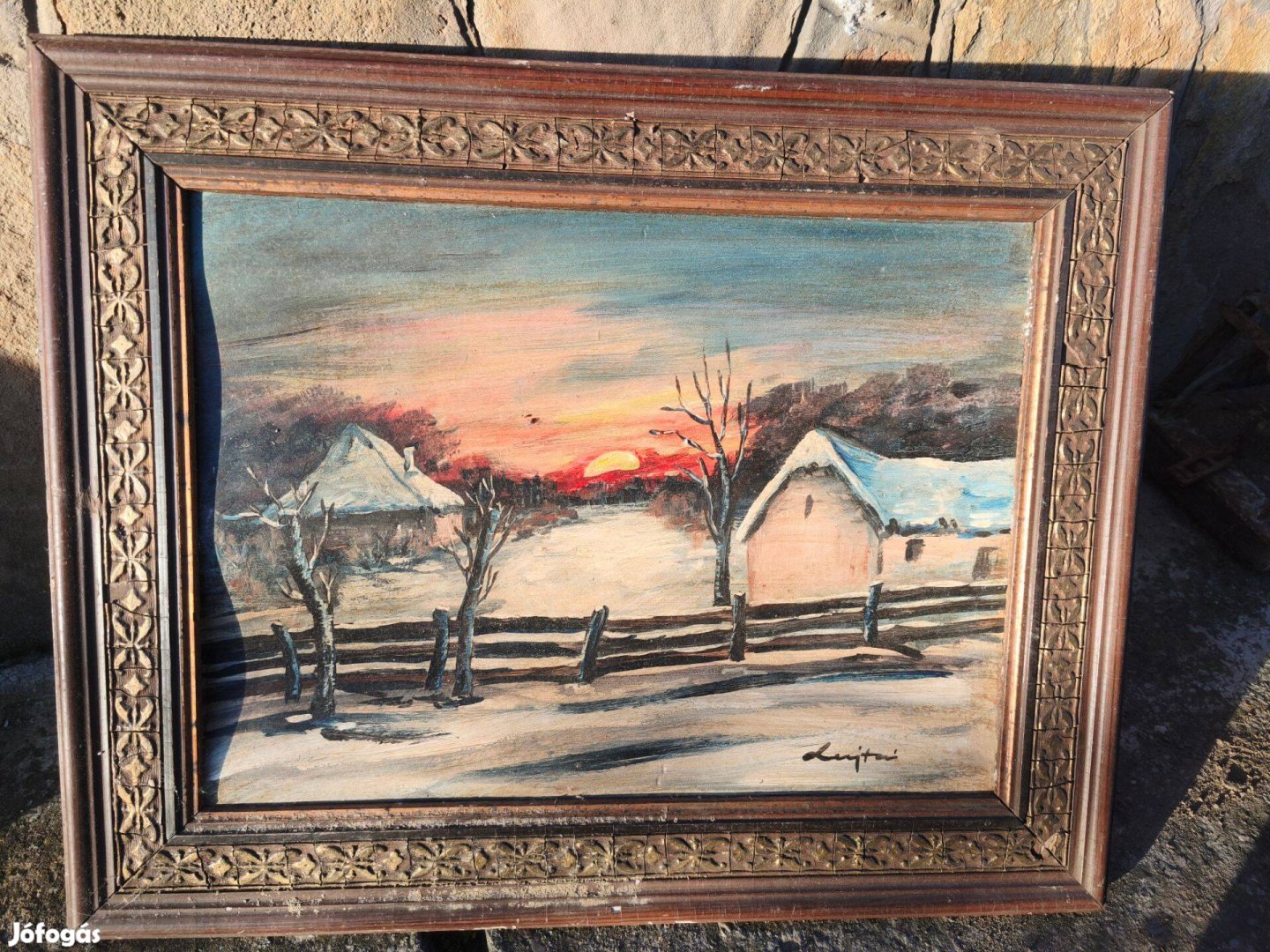 Téli tanya részlet , festmény szép keretben