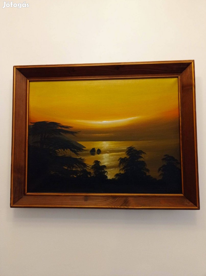 Tengeri napkelte tájkép festmény, Olaj vászon, Fakeret, 62