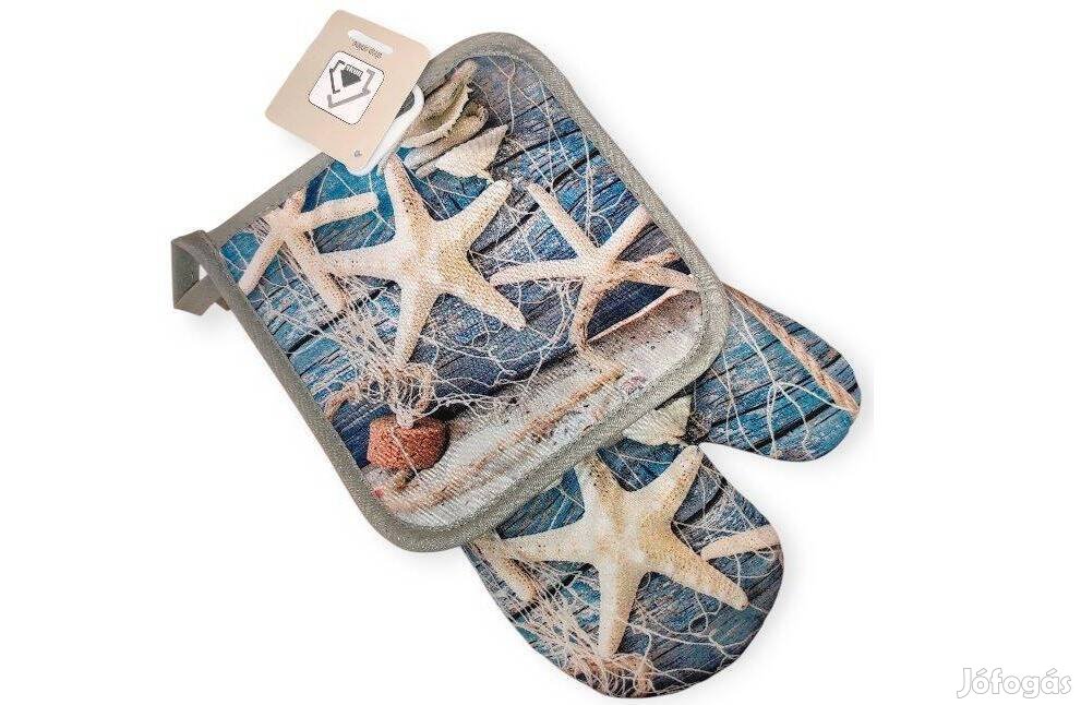 Tengerparti sütőkesztyű edényfogóval taupe-türkiz tengeri