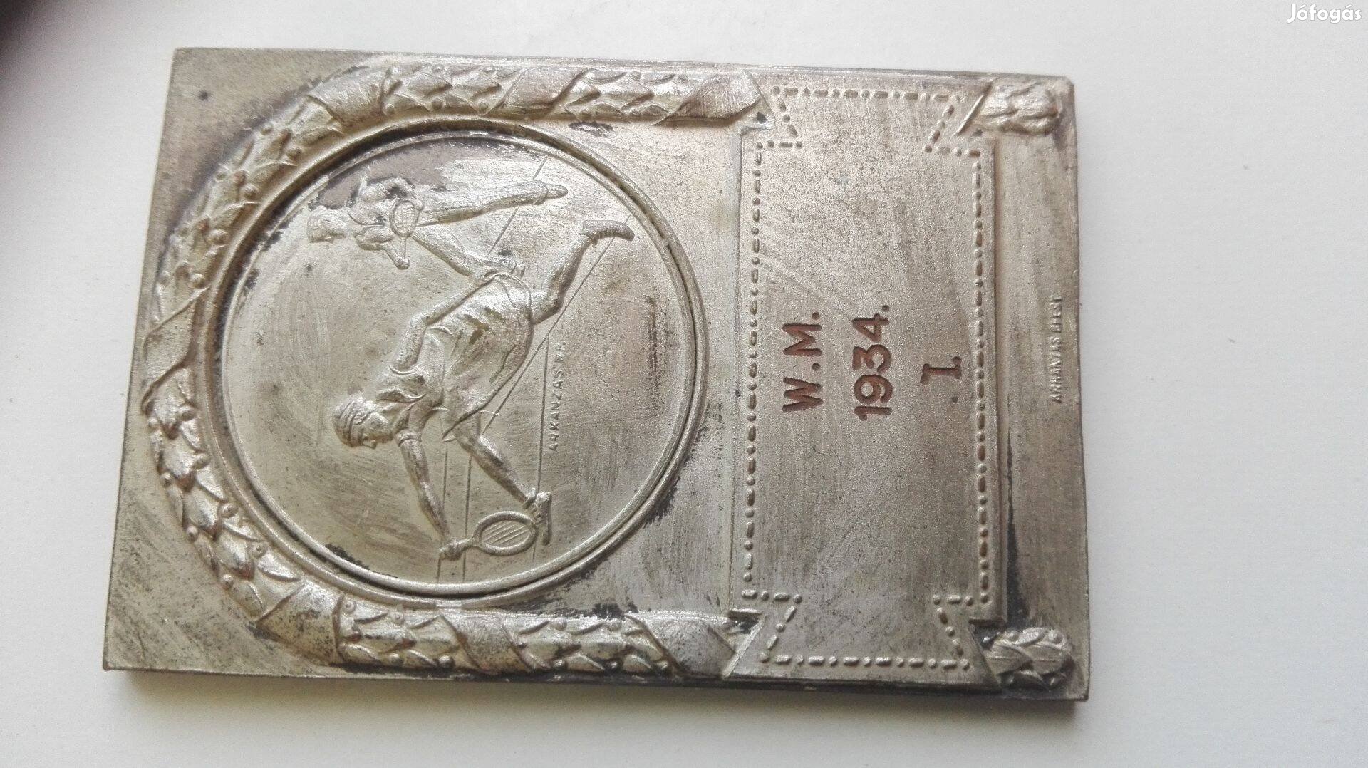 Teniszbajnokság plakettje 1934-es jelzet ritka szép db