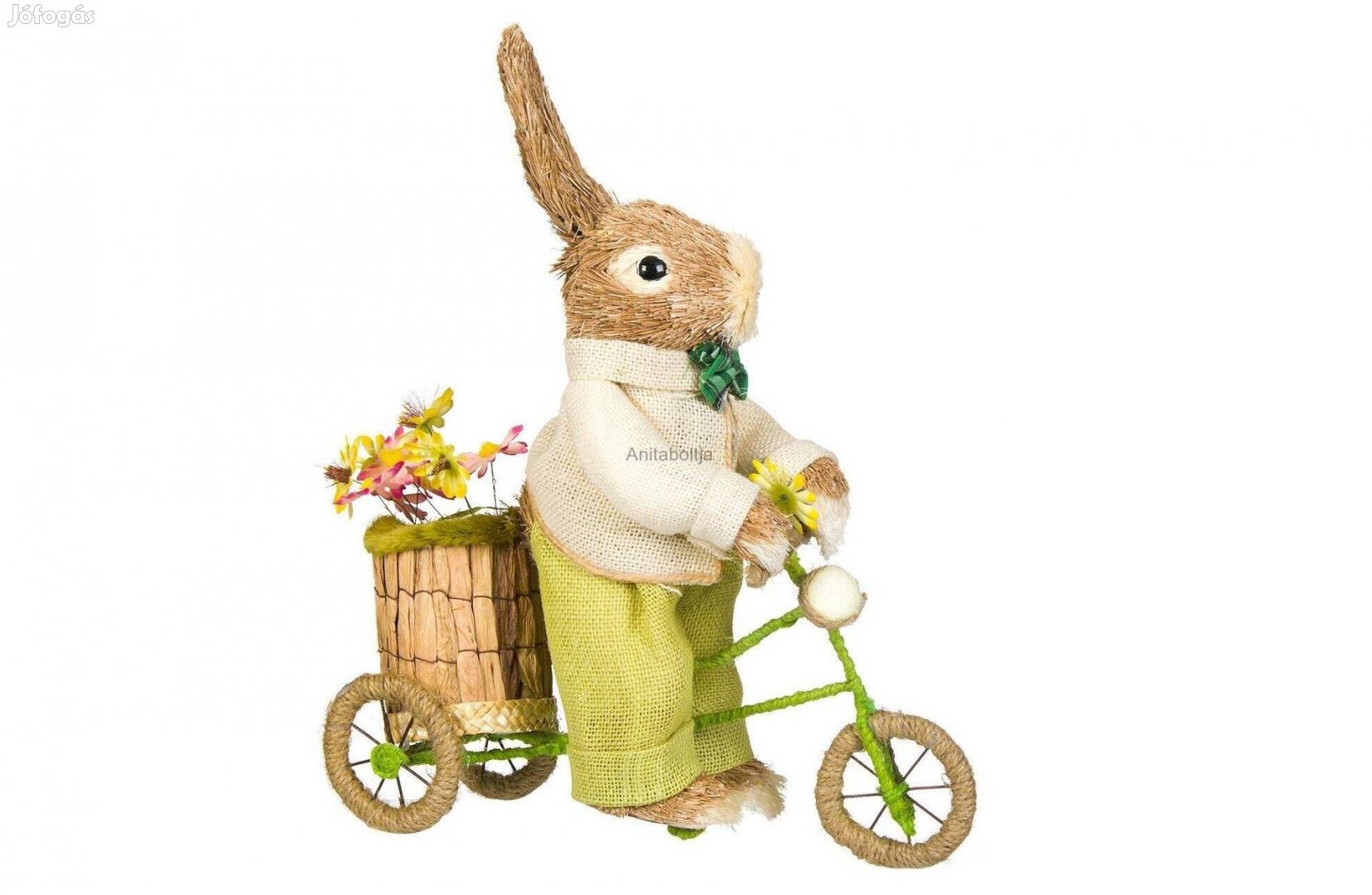 Természetes rost nyuszi - Biciklis húsvéti dekoráció 42 cm