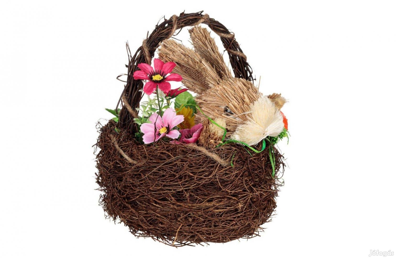 Természetes rost nyuszi kosárban - Húsvéti dekoráció 22 cm